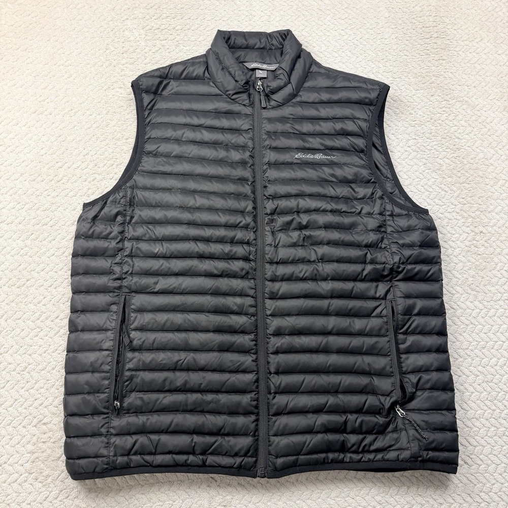 Eddie Bauer Puffer Vest Men's Large Black EB700 Down Full Zip Outerwear FLAWS
